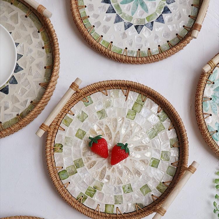 21cm Vine Woven Shell Tray, Handmade Creative Woven Colorful Shell Mosaic Tray, Snacks Fruit Cake Coffee Table Decor