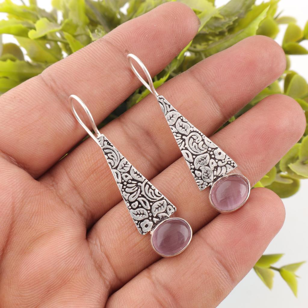 Purple Cat's Eye Gemstone Jewelry, 925 Solid Sterling Silver Jewelry, Handmade Gorgeous Silver Earrings, For Wedding Gift