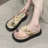 Hausschuhe mit dicker Sohle, Oberbekleidung 2025 neu, Strass, flacher Absatz, flacher Boden, Ein-Wort-Schlappen, modisch, hochwertig, lässig, Zehenschuhe