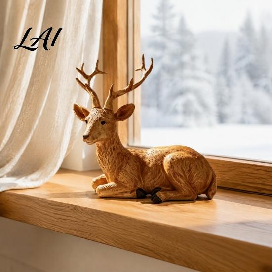 Exquisite Resin Carvings Reindeer Figurine Faux Wood Grain Christmas Deer Statue Retro Home Decor Vintage Tabletop Ornament for Window Display