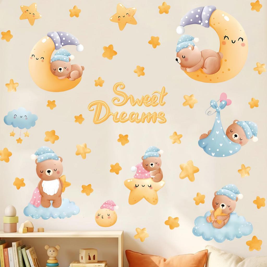 Boho Wall Stickers with Moon, Stars and Bear, Self-Adhesive Decals for Bedroom Wall Decor