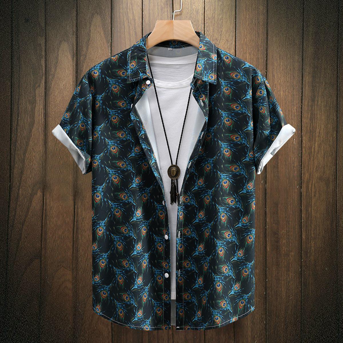 

Уютные мужские повседневные рубашки на пуговицах с коротким рукавом в полоску, летняя винтажная рубашка для пляжного отдыха L темно-синий