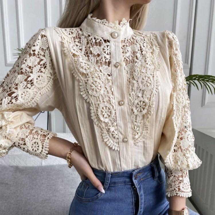 

Весенне-осенняя женская сексуальная кружевная рубашка с воротником-стойкой, женская верхняя блузка во французском придворном стиле 3XL абрикосовый