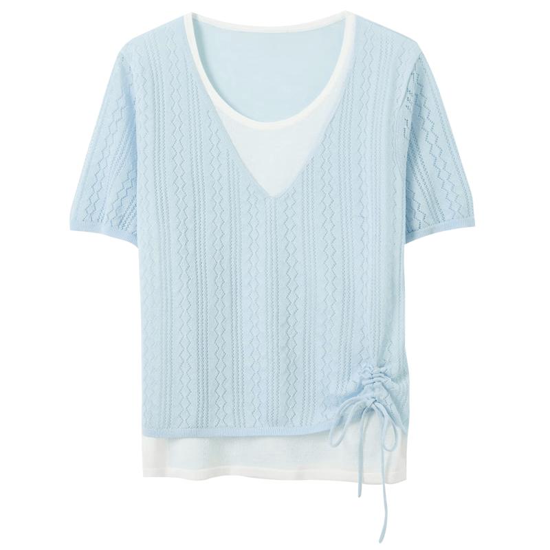 Women s Faux Two-Piece V-Neck Short Sleeve Knitted Top M