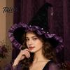 Halloween Witch Hat for Women, Velvet Wizard Hat with Ruffle Brim And Bow for Halloween Party, Masquerade, Cosplay Costume Accessory