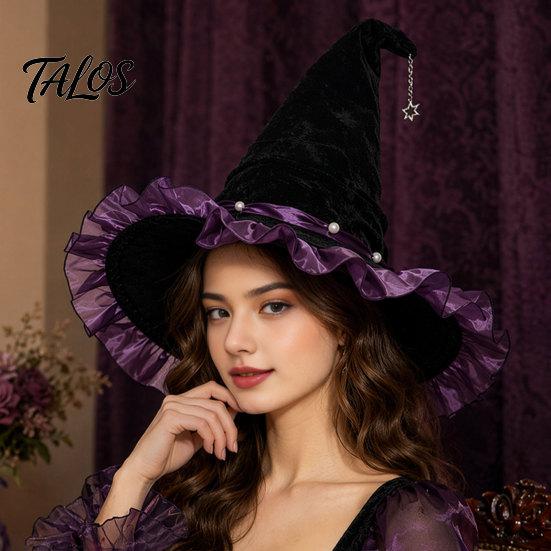 Halloween Witch Hat for Women, Velvet Wizard Hat with Ruffle Brim And Bow for Halloween Party, Masquerade, Cosplay Costume Accessory