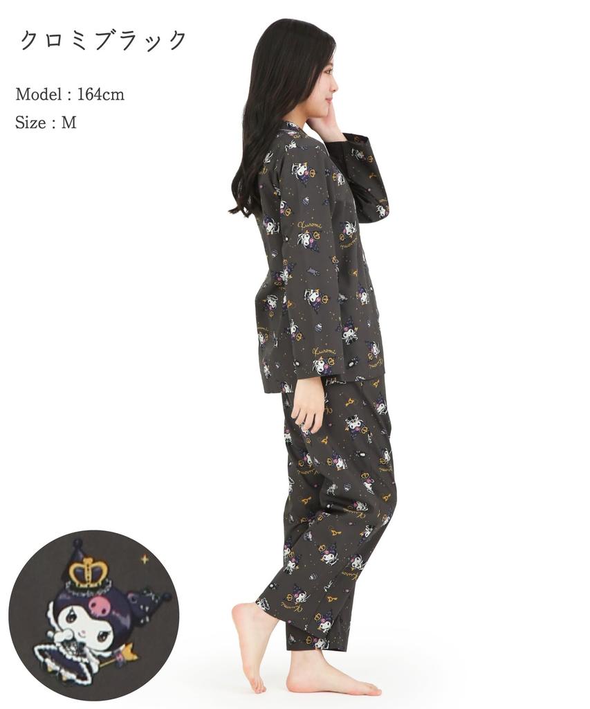SAZAC Kuromi Shirt Long Sleeve and Pants Loungewear Pajamas, Broadcloth, 100% Cotton, Women's Set, (Black/L/SAN1902)