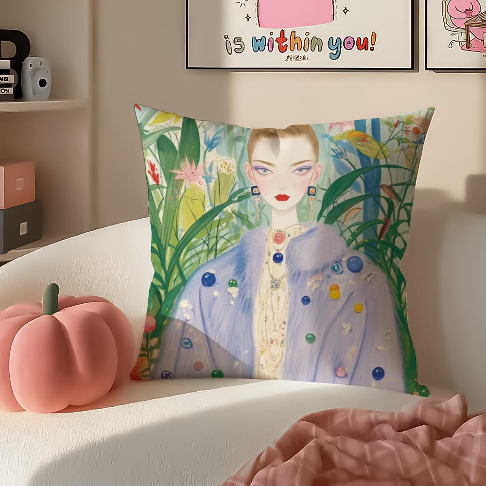 Fashion Illustration Cushion Cover Pillowcase Short Plush Invisible zipper Room Sofa Cushion Cover