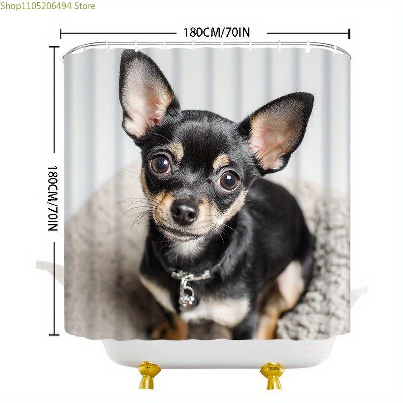 1pc Chihuahua Puppy Shower Curtain - Adorable Small Dog Portrait with Expressive Eyes, Soft Beige & White Polyester Fabric, 70