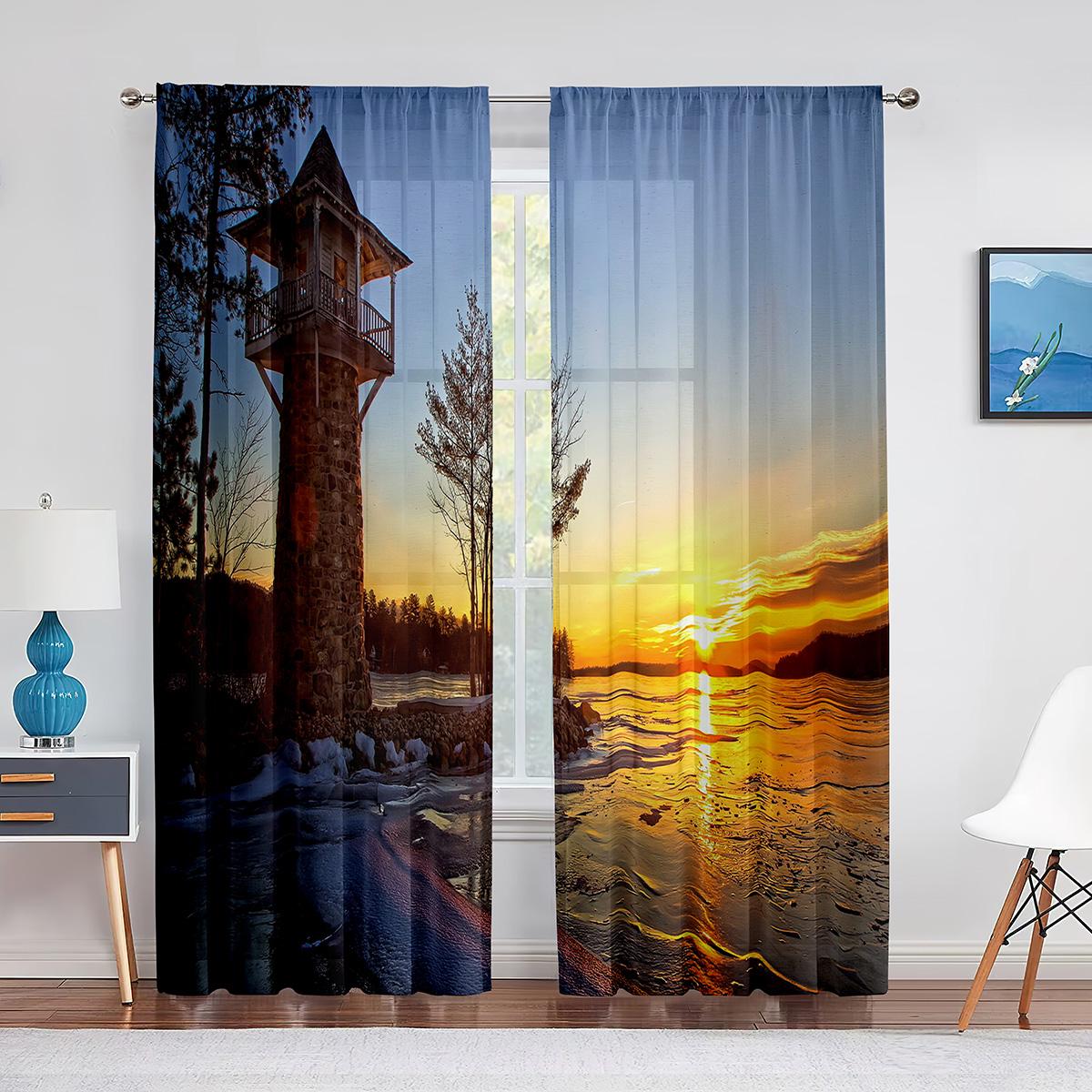 Маяк Восход Морского Побережья Пейзаж Прозрачная Вуаль Шторы для Гостиной Спальня Кухня — фото 8