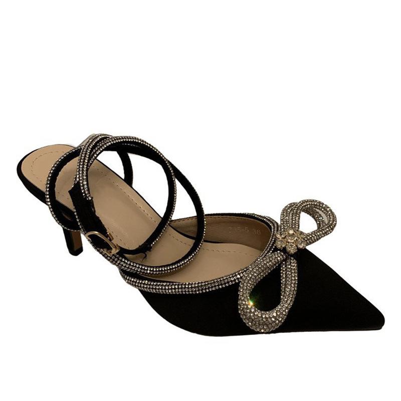 Sandals New Women's Rhinestone Bow Women's Shoes Thin Heel Bag Head French Beautiful Cool High Heels