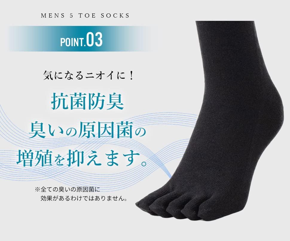 RENFRO Set of and Crew Length Men's Five-Toe Socks, 10, Cotton, Deodorizing, Antibacterial, Odor-Resistant, Black, 25-28cm,