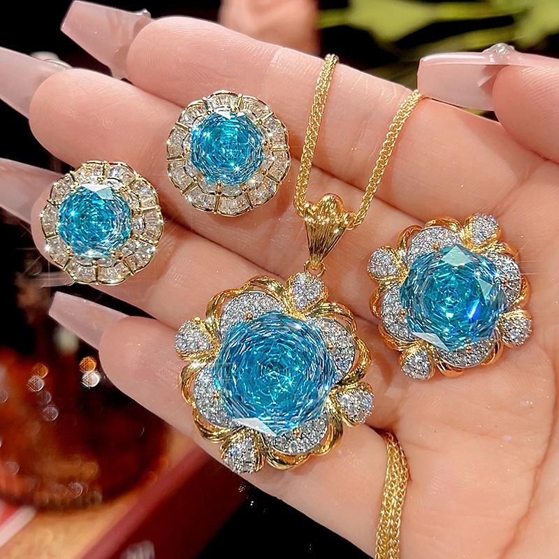 Jewelry Copper Bottom Gold-Plated Simulation Sea Blue Retro Brushed Light Luxury Suit Women 16-14M