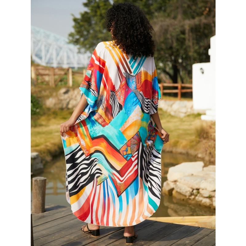 Damenmode Sommer Frühling Farbblockdruck 1/2 Ärmel V-Ausschnitt Lose Taille Freizeitkleider
