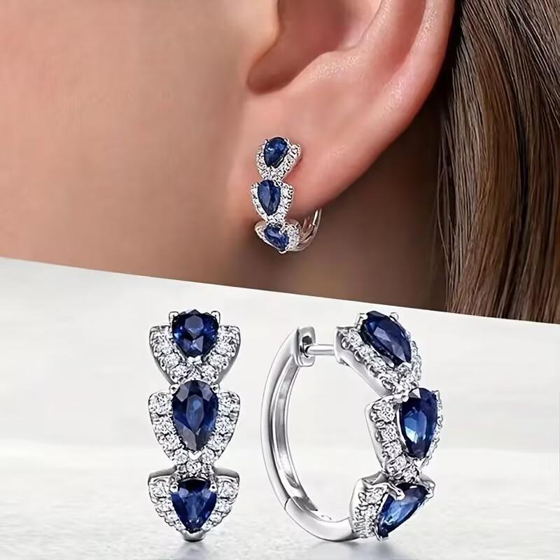 Luxury Trendy Blue Cubic Zirconia Hoop Earrings Wedding Party Elegant Accessories for Women Jewelry Gift