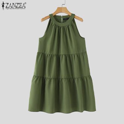 Women Korean Style Loose Sleeveless Round Neck Patchwork Short Dress