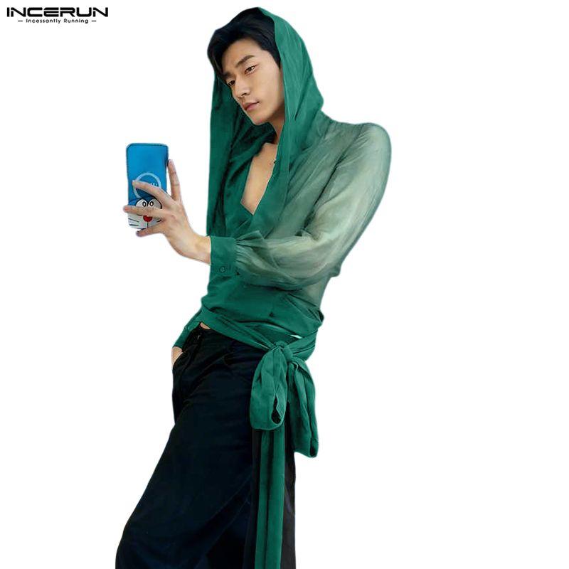 INCERUN Oversized Men V Neck Long Sleeve Bandage Transparent Loose Hooded Tops T-shirts