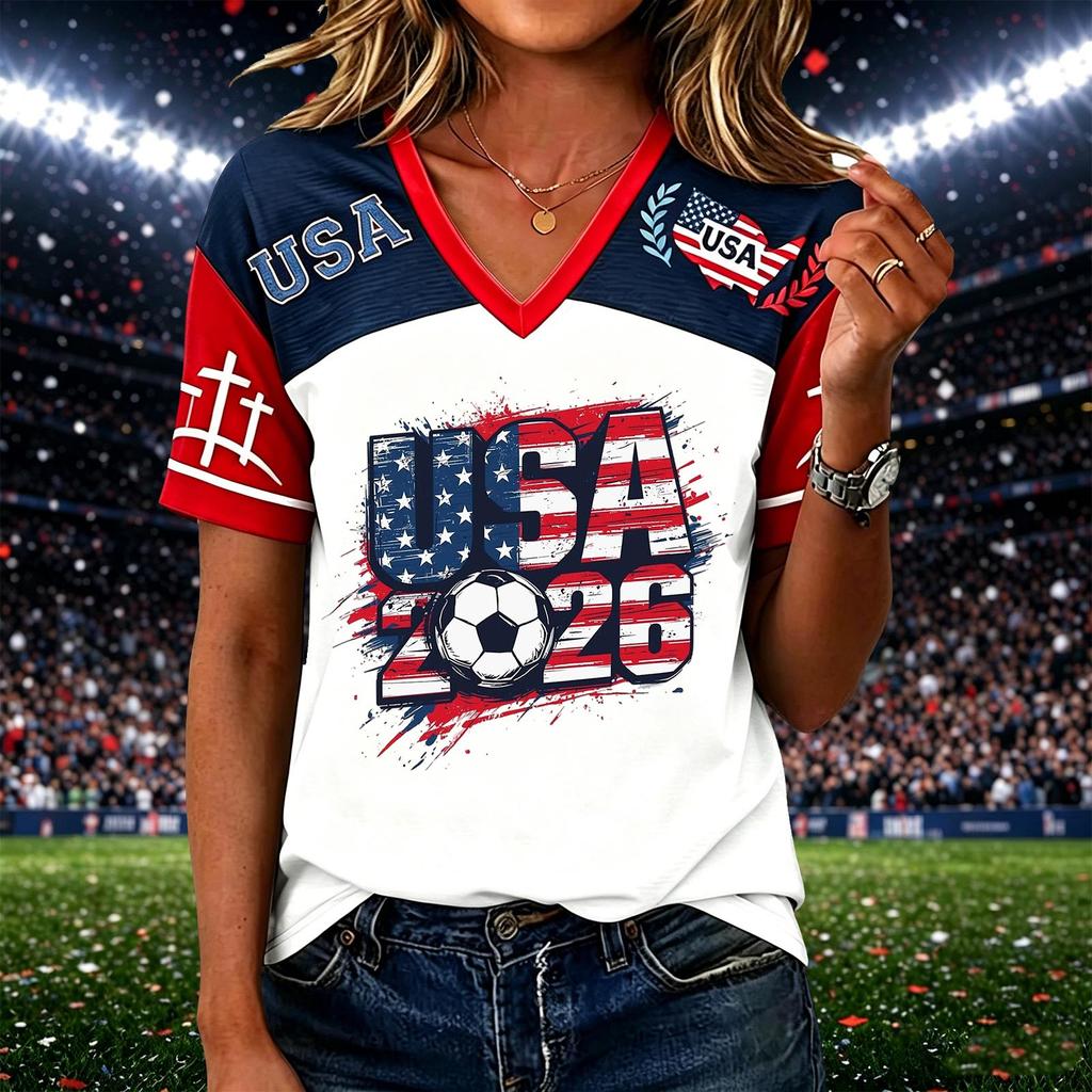 Women’s Casual Short Sleeve V Neck Pullover Top with USA 2026 Soccer Graphic Print Comfortable Loose Fit T Shirt for Daily Wear