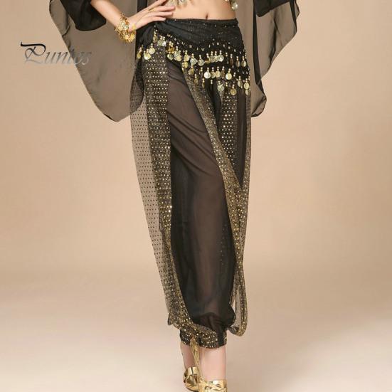 Γυναικείο παντελόνι Performance Ελαστικό ψηλόμεσο μονόχρωμο μπλουμέρ με παγιέτα ντεκόρ Λαϊκός χορός Ενήλικες Κοστουμάκια για χορό της κοιλιάς
