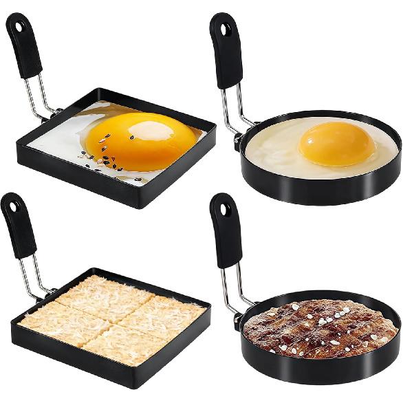 4 Pack Egg Rings for Frying Eggs, 3.5" Round Egg Cooking Stainless Steel, for English Muff Pancake, with Silicone Handle