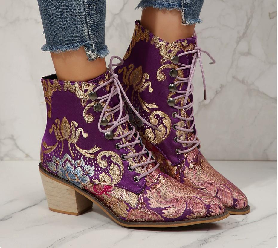 VANGULL Women Silk Boots Martin Ankle Boots Autumn Winter Embroider Womens Boots Lace Up Shoes Woman