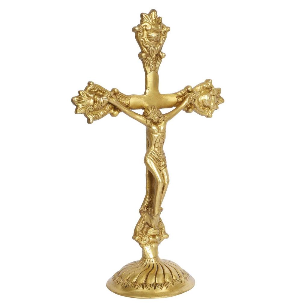 Holy Cross Jesus Christ Brass Idol for Home Living,Prayer Room Gifting and Decoration Gold 11 Inch Standard, Pack of 1.