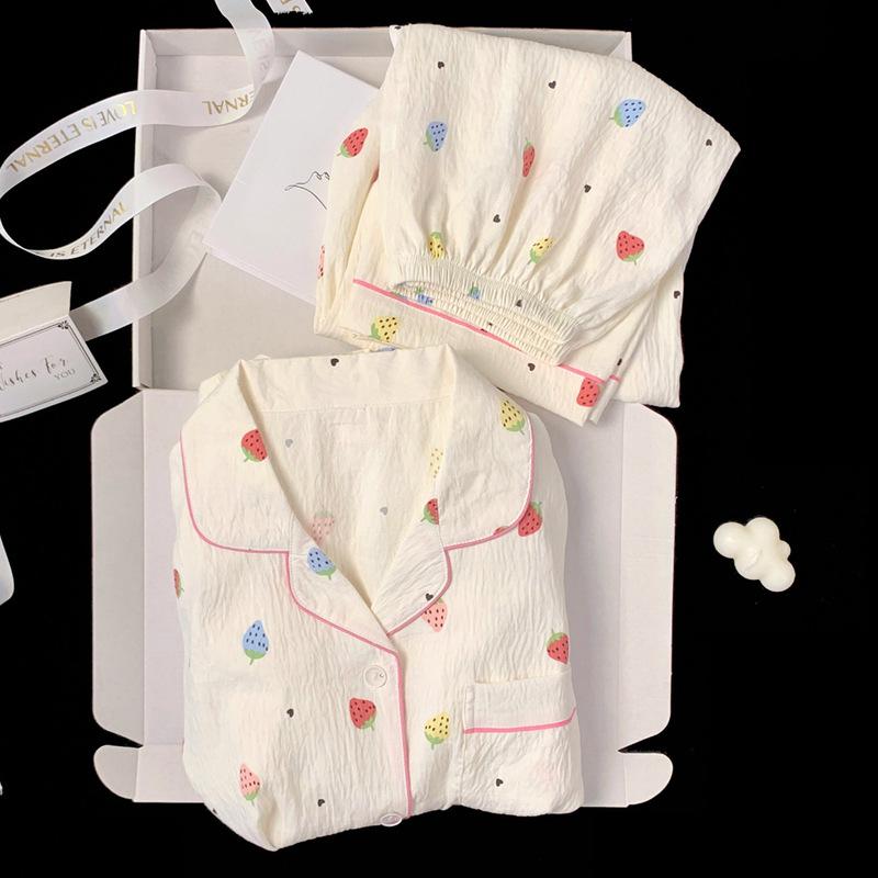 Spring And Autumn New Cloud Cotton Pajamas Women'S Long-Sleeved Sweet Strawberry Girl Cardigan Loungewear Set Real Shot
