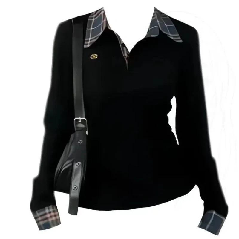 Polo Kragen Kariert Patchwork Stickerei T-Shirts Frühling Herbst Fake Zweiteiler Schlank High Street Mode Lässig Damenbekleidung