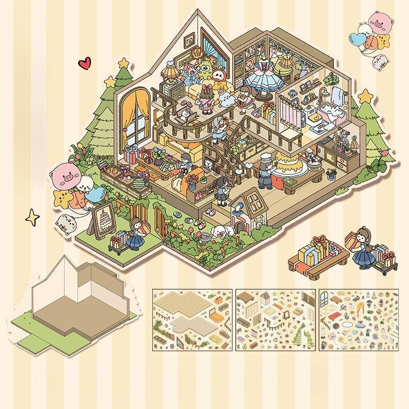 Cartoon Miniature Scene 3D Stickers Retro DIY  PET Landscape Stickers Decompression Korean Stationery Scrapbooking Posters