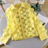 Frauen Sommer Chiffon Hemd Revers Laterne Langarm Shirt Tops 3D Blumen Druck Semi-Sheer Mesh Spleißen Einreiher bluse