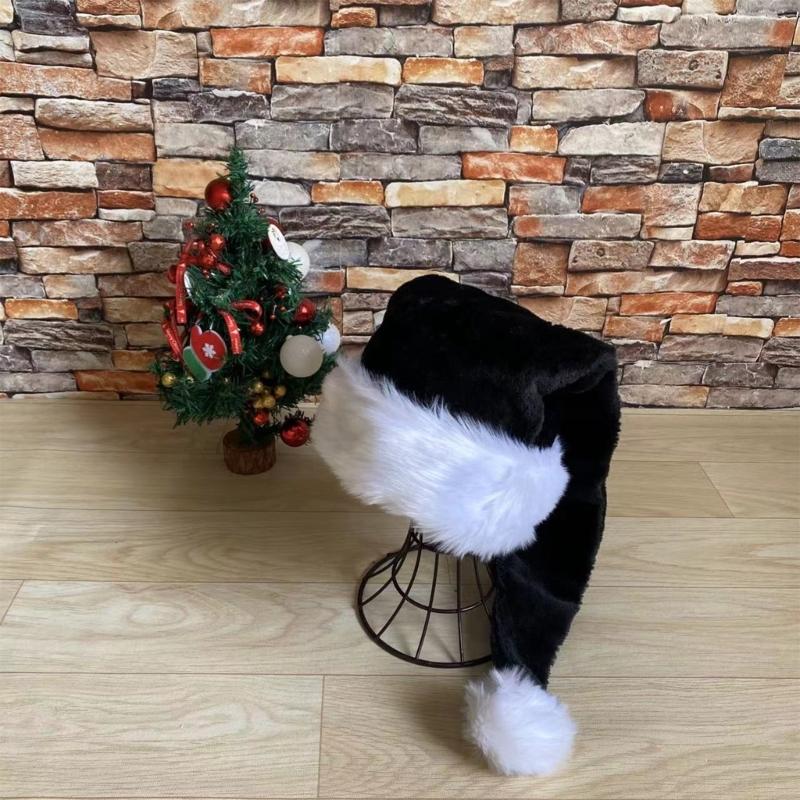 Christmas Velvet Santa Hat Unisex Comfortable Classic Black and White Adult & Kids Christmas Hat for Xmas Holiday Party