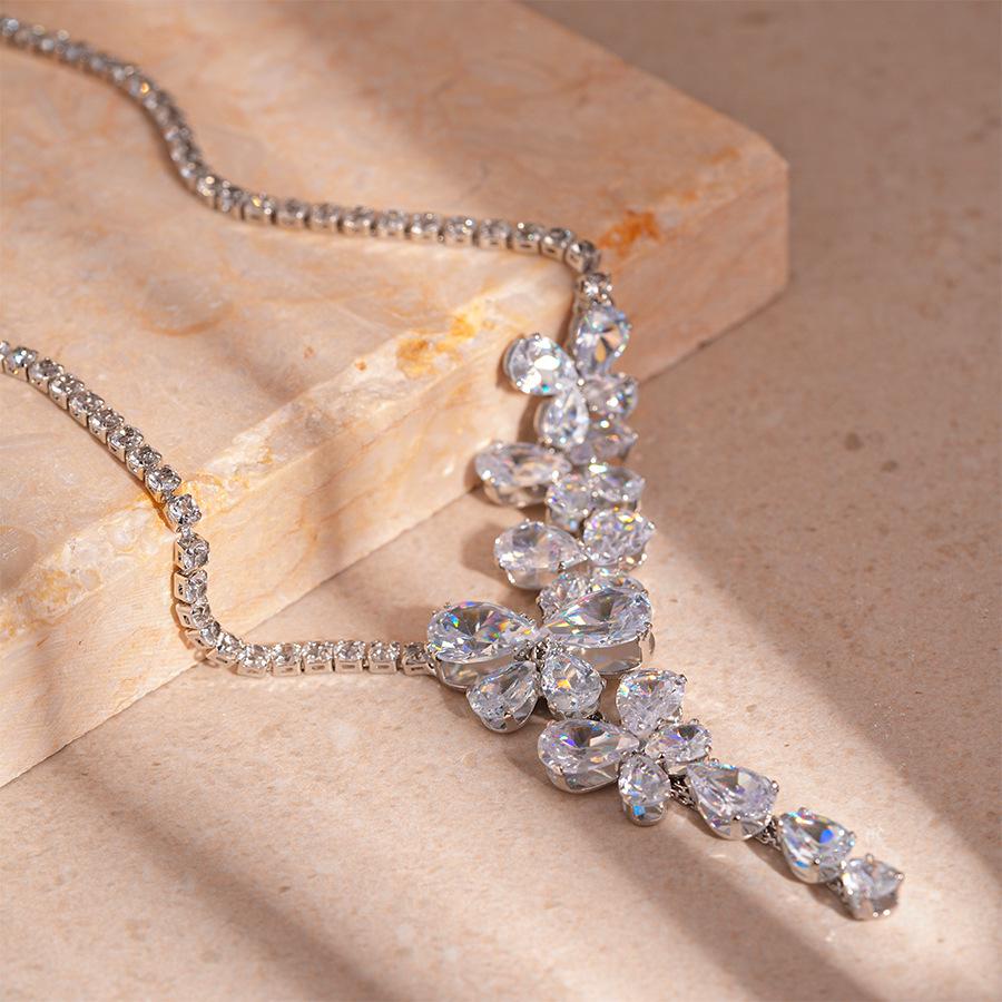 Elegant Zircon Butterfly Flower Silver Drop Earrings - High-End European and American Style for Women