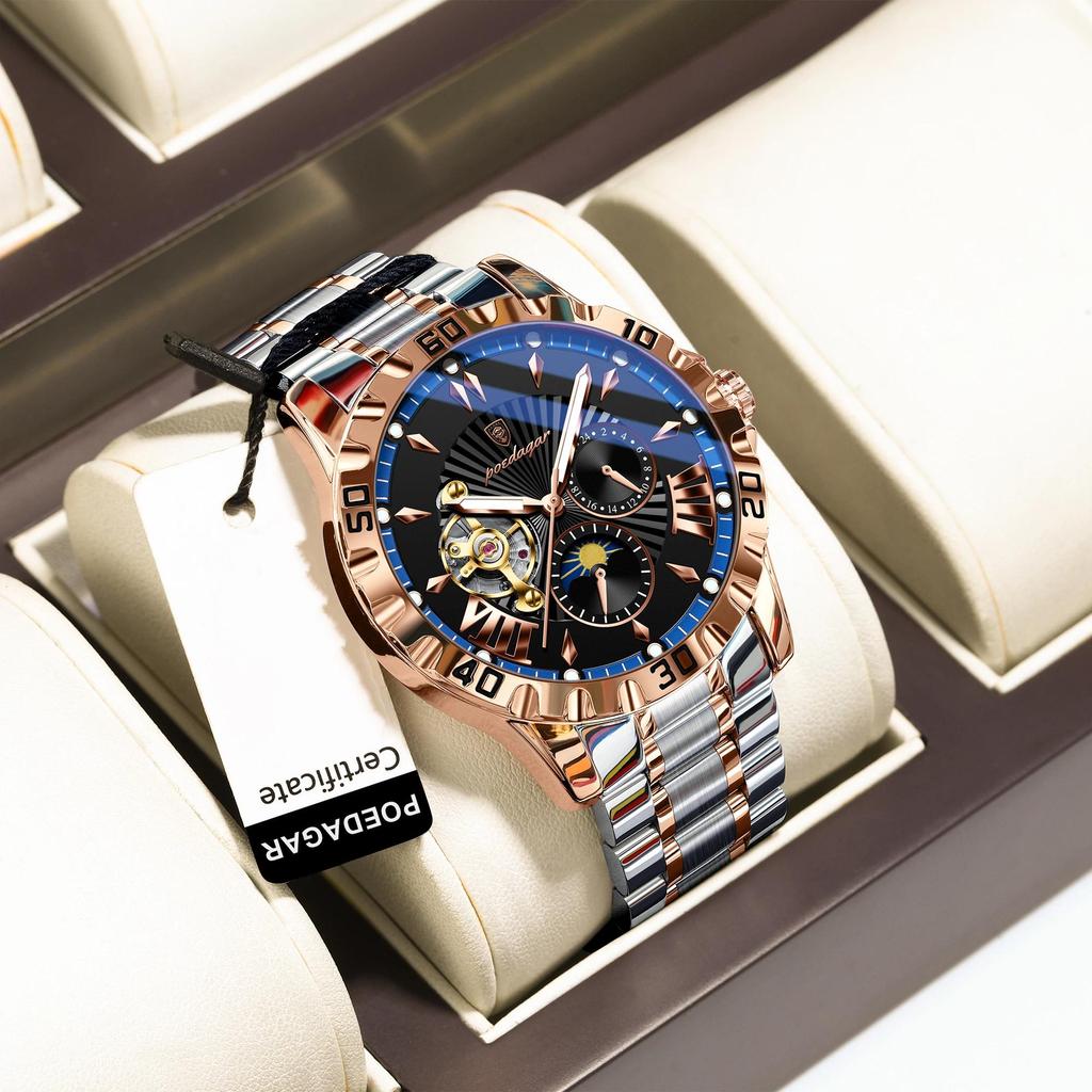 POEDAGAR Luxury Men Clock Hollow Tourbillon Automatic Mechanical Watch Waterproof Luminous Stainless Steel Watches+Box