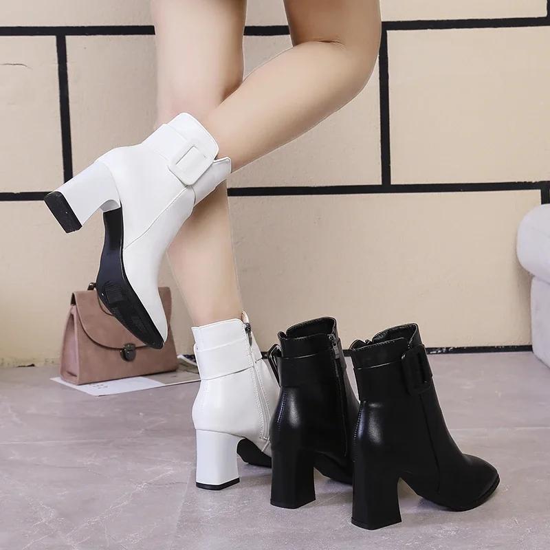 White Black Thick High Heel Ankle Boots Women  Pointed Toe Keep Warm Elegant Short Booties Ladies Ankle Buckle Decoration