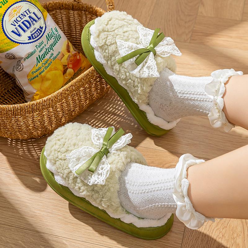 New cotton slippers autumn and winter home home non-slip warm bow household thick-soled outer hair slippers