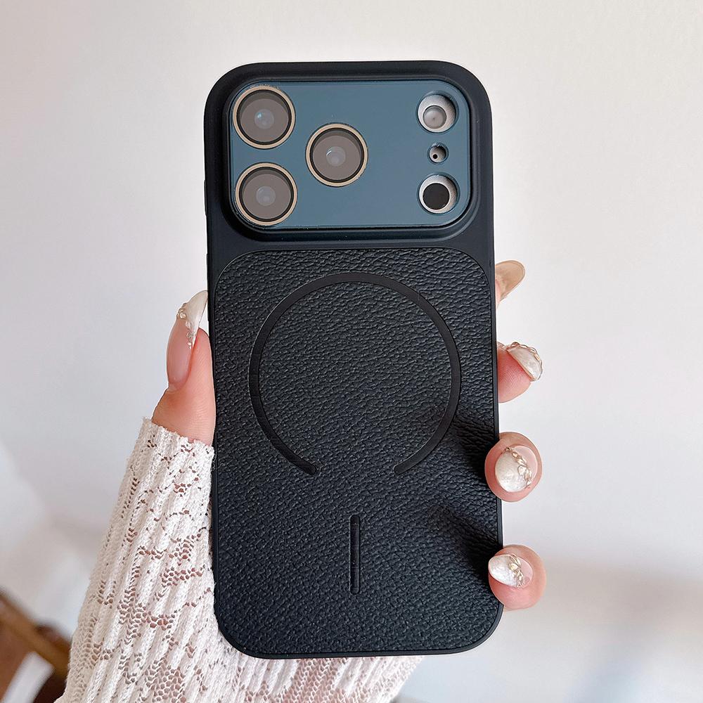 Luxury Lychee Grain Magnetic For Magsafe Case For iPhone 17 16 15 14 13 Pro Max Shockproof With Built-in Lens Protector Cover