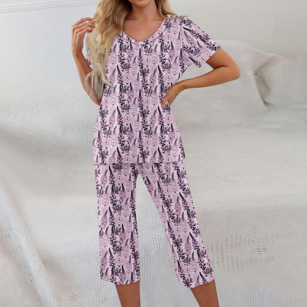 2 Piece Sets For Women Short Sleeve Top And Pants With Pockets Workout Soft Floral Print Sets