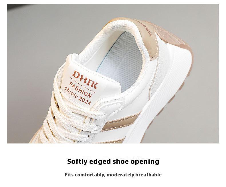 TK Women's Height-Boosting Sneakers: Black/Khaki Leather Patchwork, Thick Sole, Casual Sports Style for Autumn/Winter