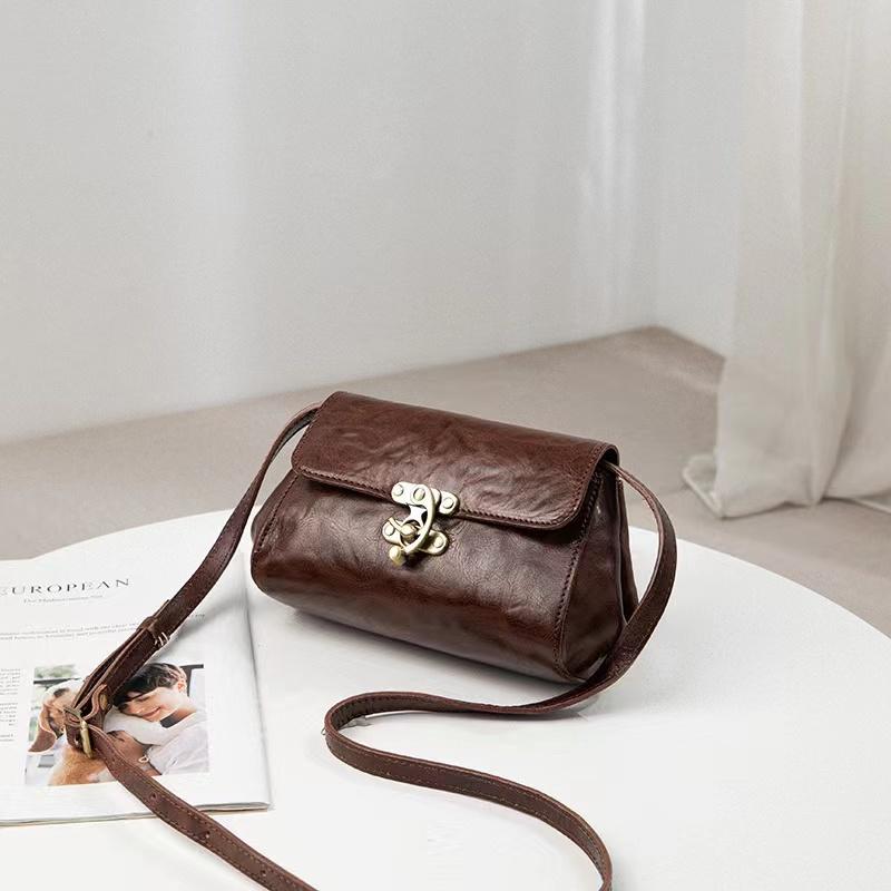 Genuine Leather Women's Bag Vegetable Tanned Leather First Layer Cowhide Exquisite Fashion Small Pillow Bag Messenger Bag