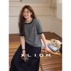 Xiaoli Plus Size Women's Stretch Pure Cotton Comfortable Contrast Color Pinstripe Slim Looking T-shirt Summer round Neck Shoulder Short Sleeve