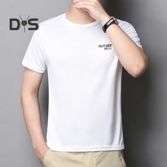 Summer Men Top Ice Silk Quick-drying Short Sleeves O Neck Loose Solid Color Thin Breathable Elastic Casual Pullover Daily Sport Top