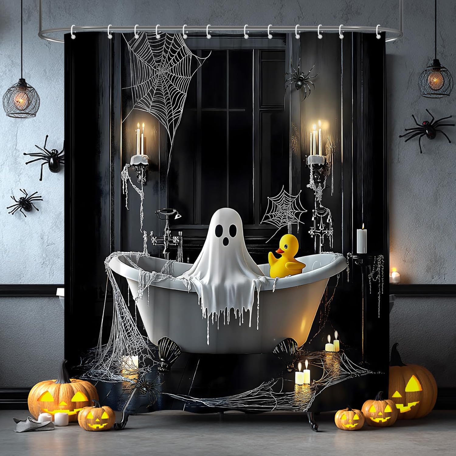 

Halloween Ghost Shower Curtain Spooky Horror Bathtub Gothic Window Spider Web Scary Night Trick Or Treat Fabric Bathroom W60H190(CM)-1 Pcs