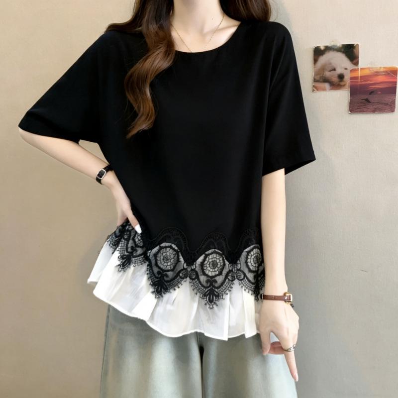 Summer 2026 Plus Size Lace Hem Slimming T-Shirt for Women 4XL Plus Size