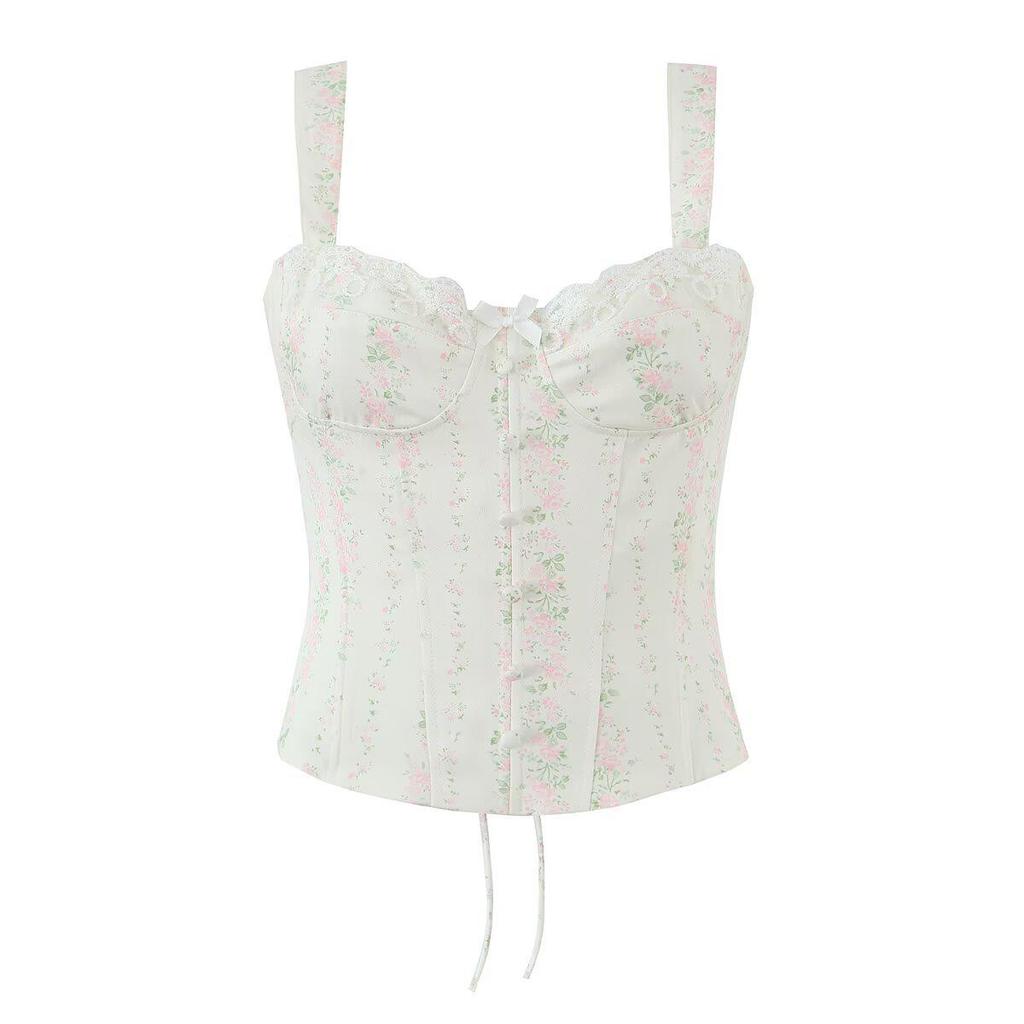 Traje Francés Dulce Floral 2026: Camisola con cordones y Falda de cintura alta