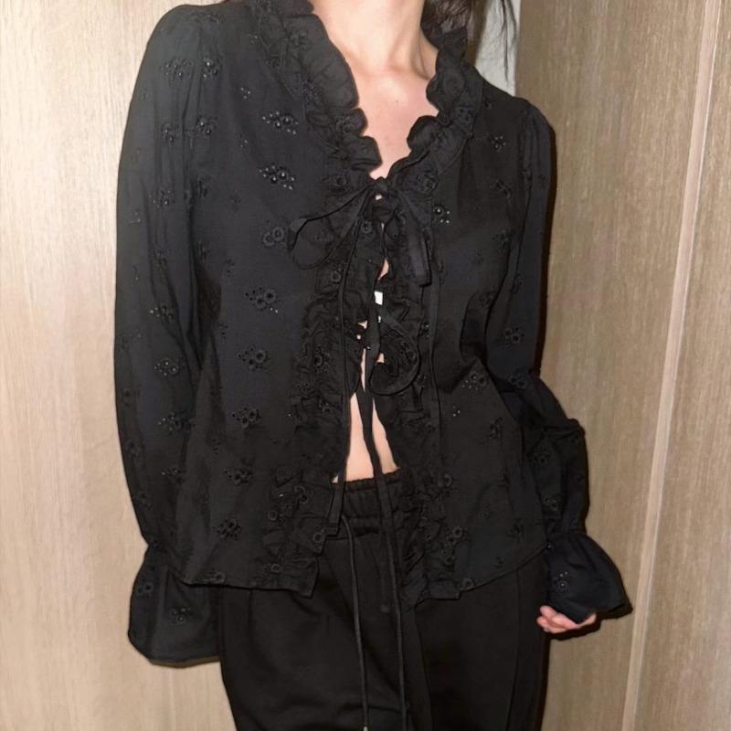 Fashion New Ruffled V-neck White Lace Shirt Women Long Sleeve Tops Lace-up Elegant White Blouse Women Vintage Hollow Solid Slim Fit Female Shirt 26238