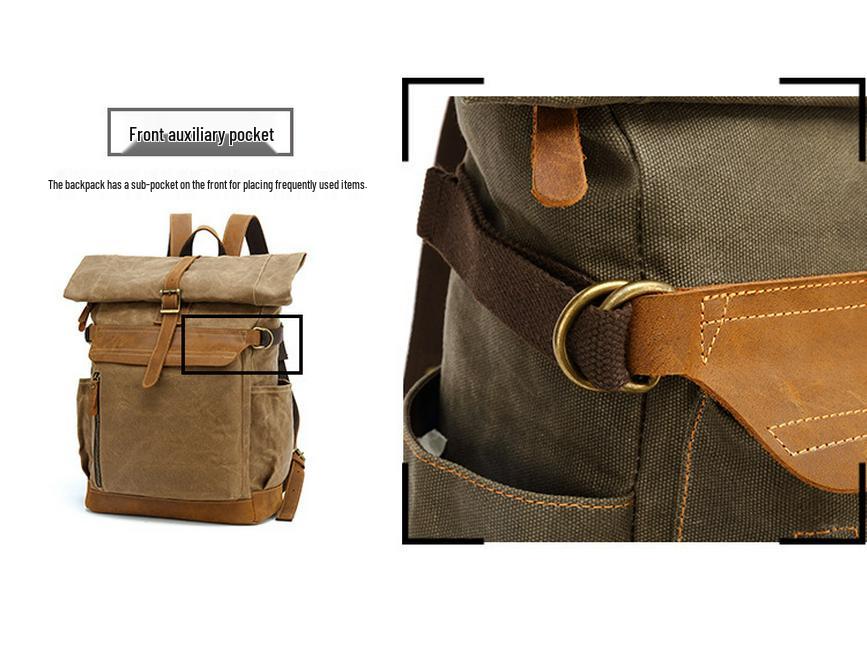 Men's Crazy Horse Leather Travel Backpack and Shoulder Bag with Waxed Canvas Laptop Compartment