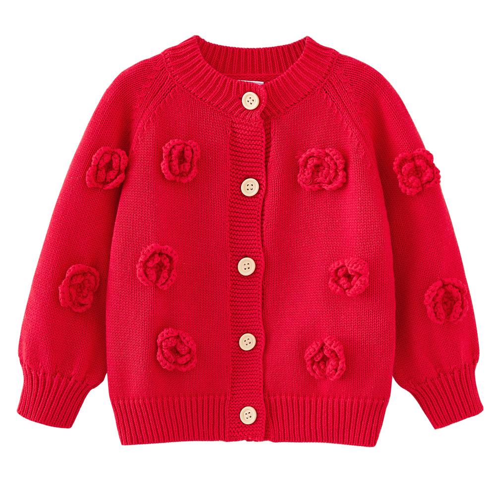 Spring and Autumn Round Neck Handmade Flower Children's Knitted Cardigan Long Sleeve Jacket Girls Baby Sweater