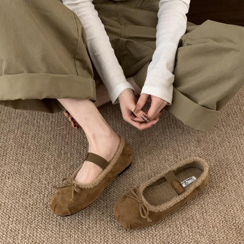 2025 autumn and winter new flat-bottomed bow velvet Mary Jane shoes women's warm ballet shoes lamb wool single shoes