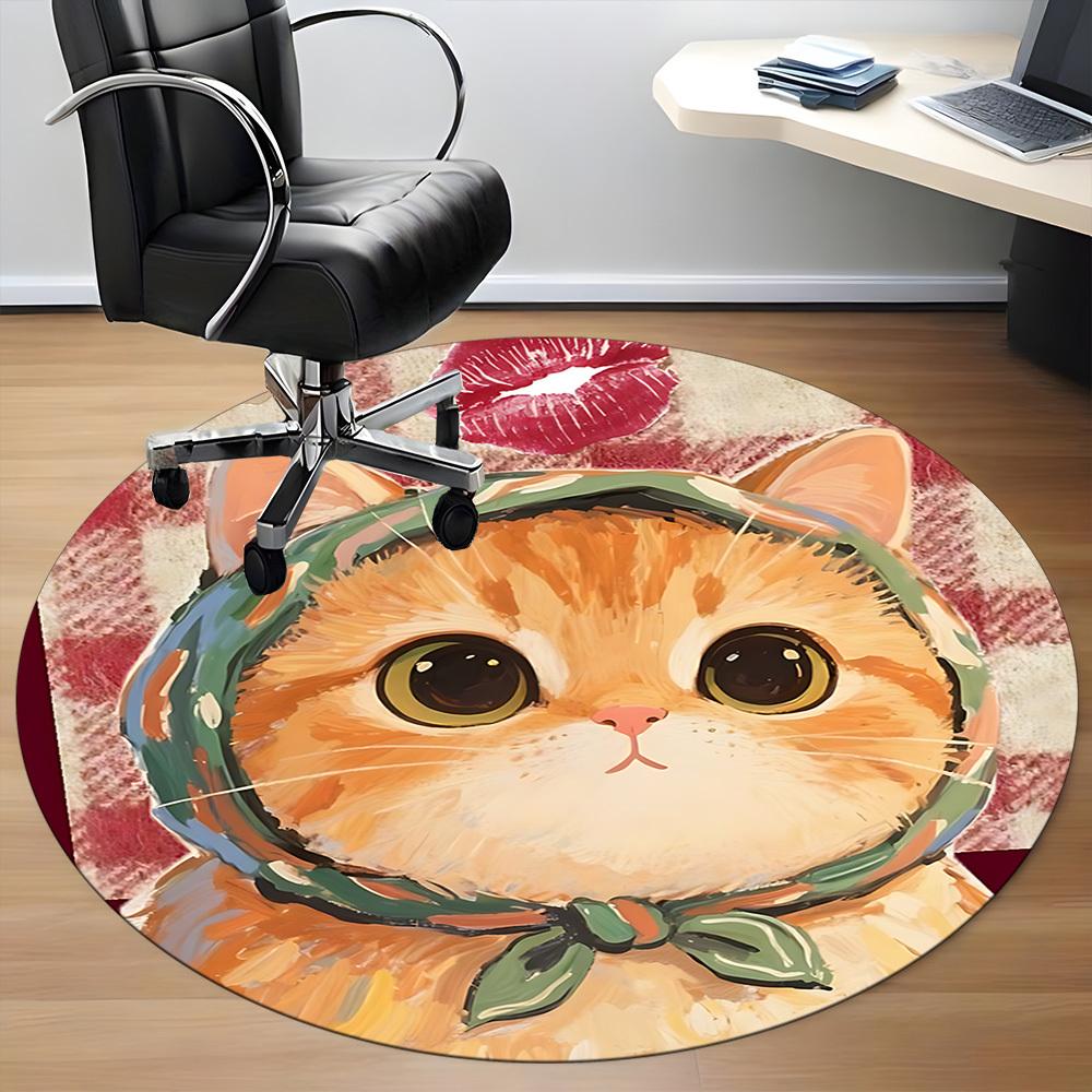 1PC Cat Scarf Office Round Area Rug, Mat Suitable ForOffice, Under Office Chairs Bedroom Living Room Home Decor, Room Deco