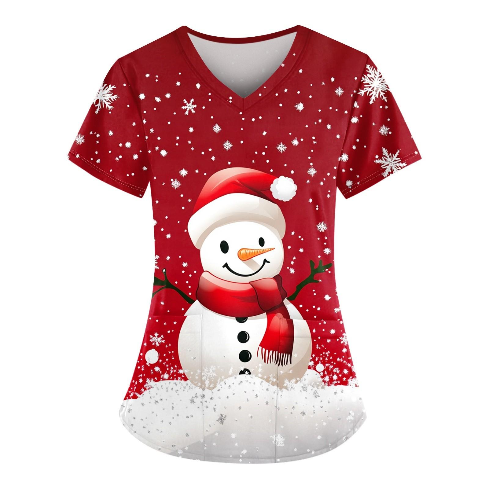 

Женский свободный облегающий топ с принтом рождественского снеговика и V-образным вырезом, короткими рукавами и карманами XXXXXL киноварь